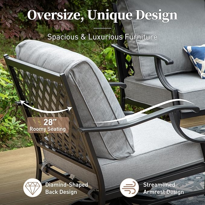 5 Piece Metal Outdoor Patio Furniture Sets, Patio Conversation Sets 1 3-Seater Sofa, 2 Swivel Chairs, 2 Ottomans with 5.75" Thick Cushion, Black All-Weather Backyard Furniture, Gray