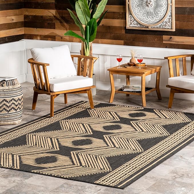 nuLOOM 8' x 10' Outdoor Tribal Geometric Area Rug, Stain Resistant, Weather Resistant, High Traffic, Patio, Balcony, Outside, Ranya Dark Grey