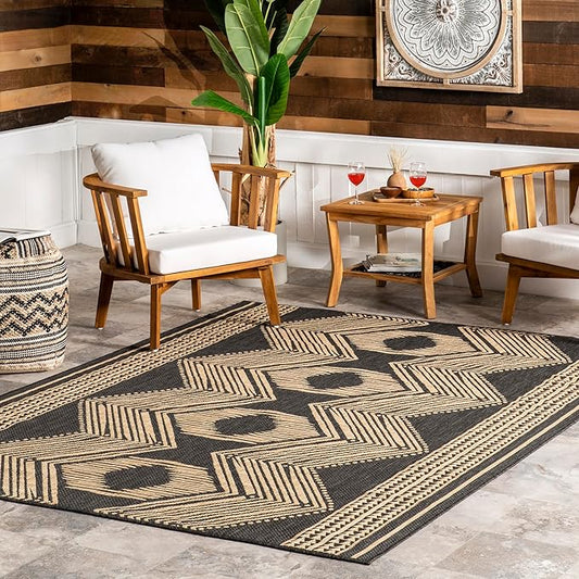 nuLOOM 8' x 10' Outdoor Tribal Geometric Area Rug, Stain Resistant, Weather Resistant, High Traffic, Patio, Balcony, Outside, Ranya Dark Grey