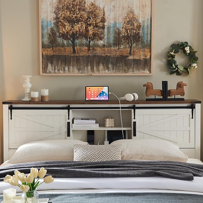 T4TREAM Farmhouse King Size Bed Frame w/Storage Bookcase Headboard, Sliding Barn Door, Charging Station, Rustic Wood Platform Bed w/Wood Slats Support, No Box Spring Needed, Antique White