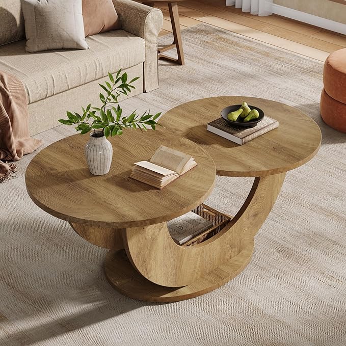 Tribesigns 46-inch Round Coffee Table, Modern Living Room Coffee Table with Funky U-Shaped Frame, Low Accent Center Tea Table for Home, Apartment, Oak