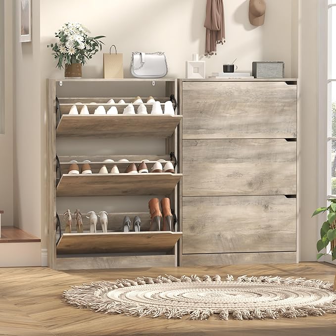 Shoe Storage Cabinet with 3 Flip Drawers, Slim Hidden Wood Shoe Cabinet Storage for Entryway, Freestanding Narrow Shoe Rack Organizer with Adjustable Shelves for Foyer, Hallway, Grey