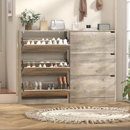 Shoe Storage Cabinet with 3 Flip Drawers, Slim Hidden Wood Shoe Cabinet Storage for Entryway, Freestanding Narrow Shoe Rack Organizer with Adjustable Shelves for Foyer, Hallway, Grey
