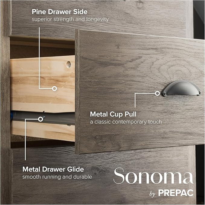 Prepac Sonoma Rustic 5-Drawer Tall Dresser for Bedroom, Farmhouse Dresser Chest of Drawers 17.75" D x 31.5" W x 44.75" H, Drifted Gray