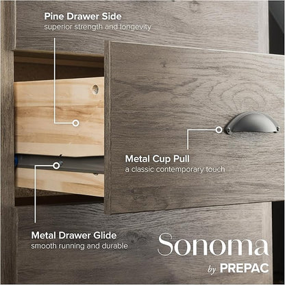 Prepac Sonoma Rustic 5-Drawer Tall Dresser for Bedroom, Farmhouse Dresser Chest of Drawers 17.75" D x 31.5" W x 44.75" H, Drifted Gray
