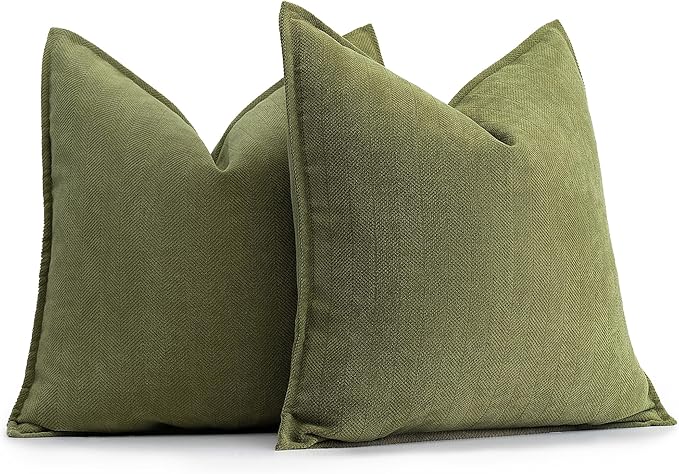 ZWJD Olive Green Pillow Covers 22x22 Set of 2 Chenille Throw Pillow Covers with Elegant Design Soft and Luxurious Decorative Throw Pillows for Couch, Bed, and Home Decor