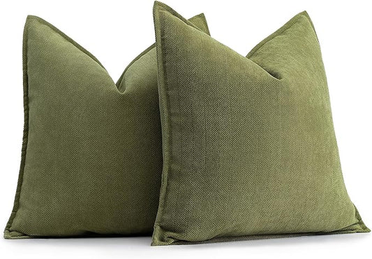 ZWJD Olive Green Pillow Covers 22x22 Set of 2 Chenille Throw Pillow Covers with Elegant Design Soft and Luxurious Decorative Throw Pillows for Couch, Bed, and Home Decor