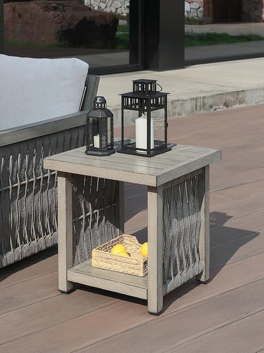 Outdoor Side Table, Aluminum Square Patio Side Table, 2-Tier Rope Weave Outdoor End Table with Adjustable Legs, Outside Furniture Patio Table for Garden, Pool, Balcony, Decks, Gray Oak