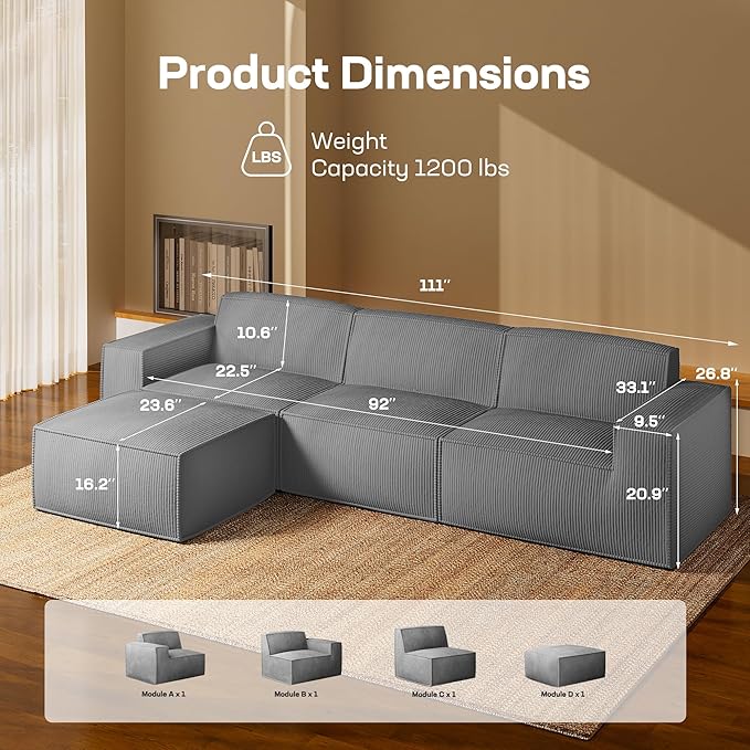 Marsail Modular Sectional Sofa, 111" L-Shaped Modular Sectional Couch with Deep Seat, Freely Combinable Sectional Cloud Sofa for Living Room, No Assembly, Plush Corduroy Fabric, Grey