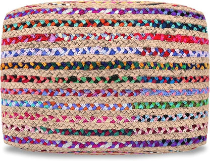 SIMPLIHOME Margo Square Pouf - 20 inch Wide Handwoven Jute and Cotton Chindi Braided Ottoman in Multi-Color, Boho-Style Footstool or Extra Seating for Living Room with Polystyrene Beads, Assembled
