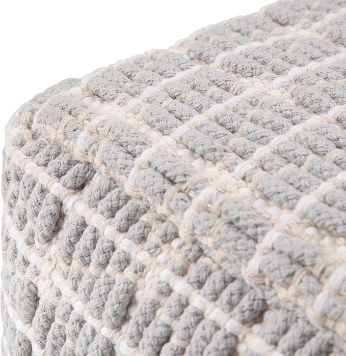 SIMPLIHOME Noreen Boho Square Pouf in Light Blue, White Handloom Woven Pattern for the Living Room, Bedroom and Kids Room