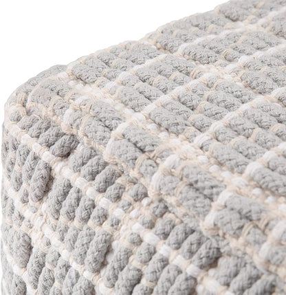 SIMPLIHOME Noreen Boho Square Pouf in Light Blue, White Handloom Woven Pattern for the Living Room, Bedroom and Kids Room