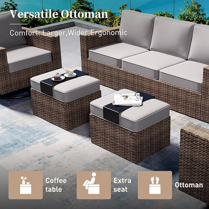 Swivel Glider 5 Piece Outdoor Furniture Set with Swivel Chairs, Wicker Patio Furniture with 4.92" Wide Armrest, 26.3" Deep Seating and 5.5" Thick Cushions, Grey