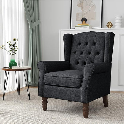 High Back Accent Chairs Set of 2, High Wingback Chair for Living Room, Button-Tufted Upholstered Fabric Armchair with Solid Wood Legs, Comfy Single Sofa Reading Chair for Bedroom, Dark Navy