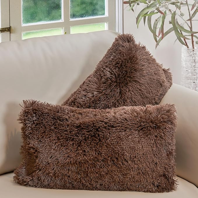 Cheer Collection Throw Pillows for Couch and Bed, Soft Shaggy Throw Pillows with Inserts Included, Cozy Long Hair Faux Fur Pillows - Set of 2-12" x 20" - Chocolate