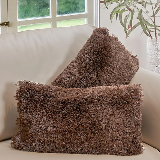 Cheer Collection Throw Pillows for Couch and Bed, Soft Shaggy Throw Pillows with Inserts Included, Cozy Long Hair Faux Fur Pillows - Set of 2-12" x 20" - Chocolate