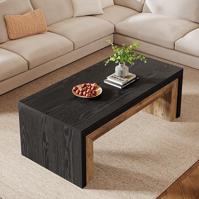 Tribesigns Farmhouse Coffee Table for Living Room, Mid-Century Modern Coffee Table with Sturdy Base, Large Rectangle Accent Center for Apartment, Easy Assembly (Black & Walnut)