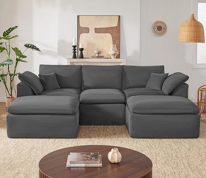 112" Cloud Sectional Couch, Boneless Couches for Living Room, U Shaped Couch with Convertible Ottoman, Modular Sectional Sofa with Deep Seat, Comfy Soft Cushions, No Assembly, Gray