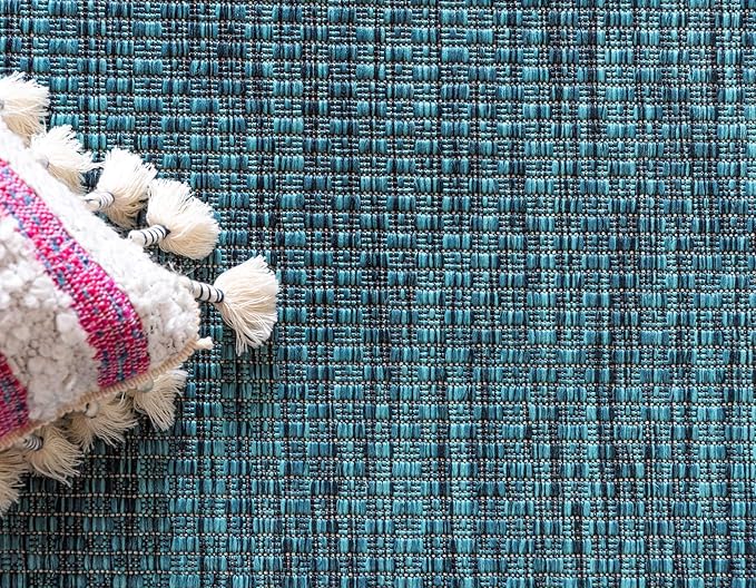 Unique Loom Outdoor Border Collection Area Rug - Soft Border (9' x 12' Rectangle, Teal/ Ivory)