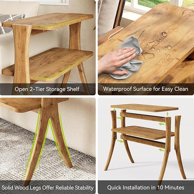 LITTLE TREE Narrow Side Table Set of 2, Small Side Table, 2-Tier Farmhouse End Table with Solid Wood Legs, Space-Saver for Living Room, Bedroom, Entryway (Light Walnut)