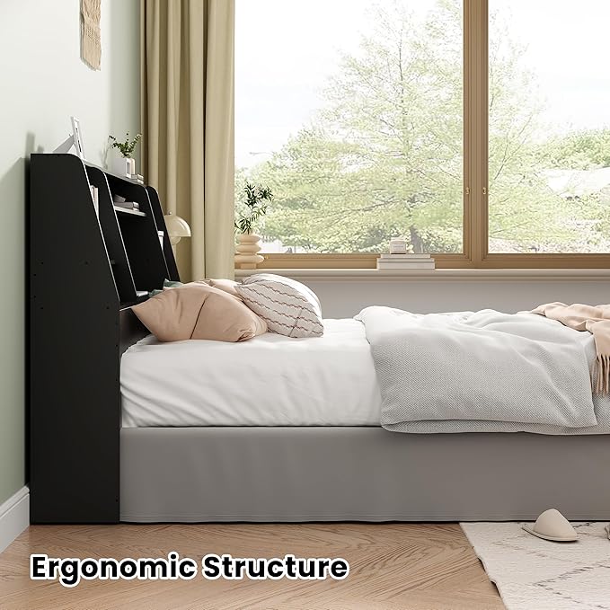 Queen/Full Headboard Queen Size with Storage, Wood Bookcase Headboard with Charging Station & 2 LED Lights, Modern Headboard Only for Queen Size Bed, Noise-Free, Sturdy and Durable, Black