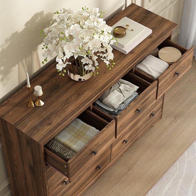 Dresser for Bedroom, 9 Drawer Dresser with Large Drawers, 55 Inch Wide Wood Chest for Living Room, Hallway, Walnut
