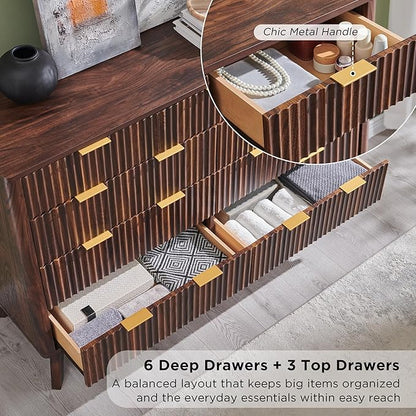 T4TREAM Fluted 9 Drawers Dresser, 54" Wide Modern Chest of Drawers, Curved Profile Design, Dresser TV Stand, Wood Drawer Organizer for Bedroom, Living Room, Hallway, Dark Walnut