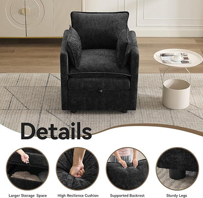 30" Cloud Modular Single Sofa Chair with Storage, Modern Upholstered Accent Chair Deep Seat, Chenille Reading Lounge Armchair for Living Room, Bedroom, Small Space, Black