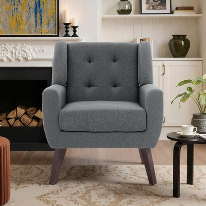 Accent Chair, Mid-Century Modern Upholstered Armchair, Comfy Fabric Living Room Chairs Reading Chairs with Button Tufted Back & Solid Wood Legs for Bedroom, Office, Gray