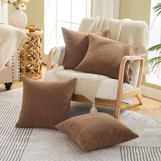 GAWAMAY Decorative Square Throw Pillow Covers 18x18 Inch Set of 4, Super Soft Chenille Pillows Cover Fall Pillowcase for Living Room Bedroom Sofa Couch Cushion Cover Brown 45x45cm (No Inserts)