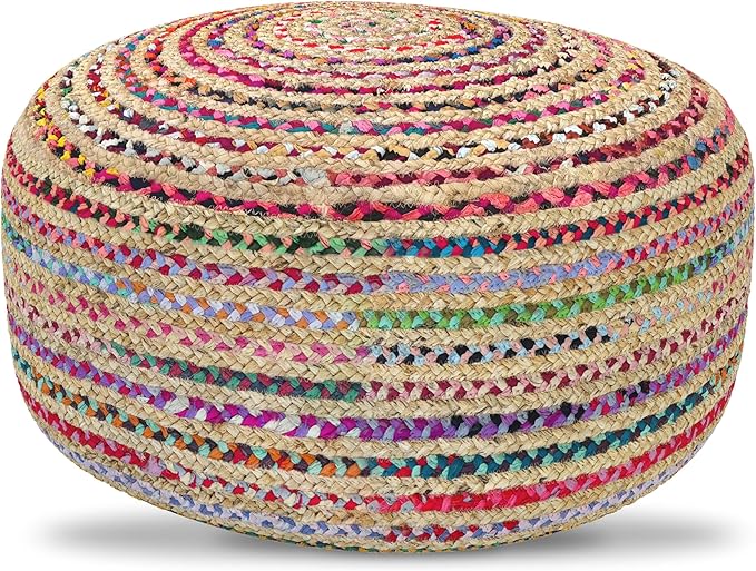SIMPLIHOME Margo Boho Contemporary Round Large Pouf in Multi Color for the Living Room, Bedroom and Kids Room