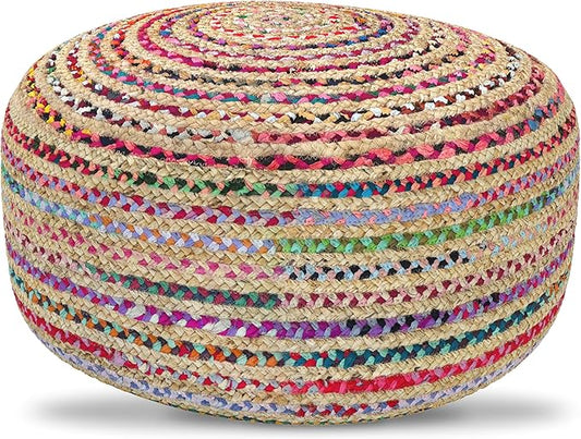 SIMPLIHOME Margo Boho Contemporary Round Large Pouf in Multi Color for the Living Room, Bedroom and Kids Room