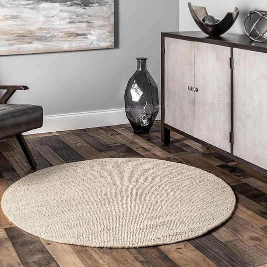 nuLOOM 8 Round Elfriede Jute & Cotton Hand Woven Area Rug, Natural, Solid Rustic Farmhouse Style, Weaved Design, Natural Fiber, For Bedroom, Living Room, Dining Room, Hallway, Office, Entryway