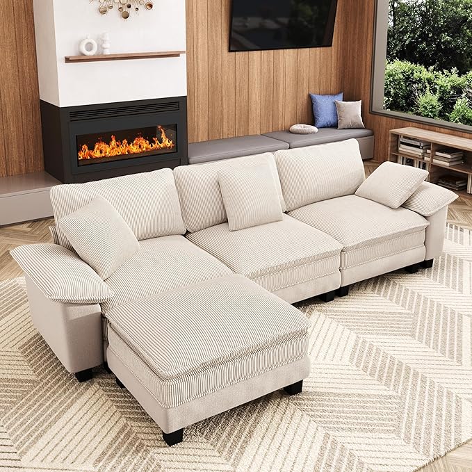 123-Inch L Shaped Sectional Sofa with Cloud Cushions, Deep Seat Modular Couch Set w/ 4 Seats & 1 Ottomans, Plush Chenille & Corduroy Upholstery for Living Room, Apartment - Beige