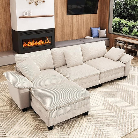 123-Inch L Shaped Sectional Sofa with Cloud Cushions, Deep Seat Modular Couch Set w/ 4 Seats & 1 Ottomans, Plush Chenille & Corduroy Upholstery for Living Room, Apartment - Beige