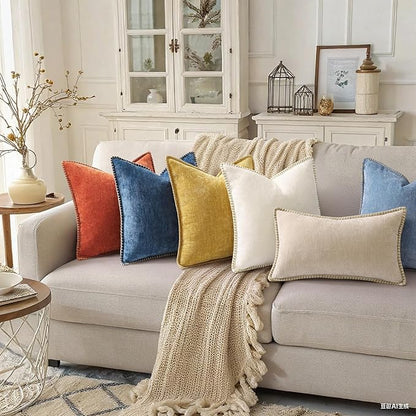 decorUhome Chenille Soft Throw Pillow Covers 12x20 Set of 2, Lumbar Velvet Farmhouse Neutral Decorative Euro Pillow Covers with Stitched Edge for Couch Sofa Bed Home Decor, Beige