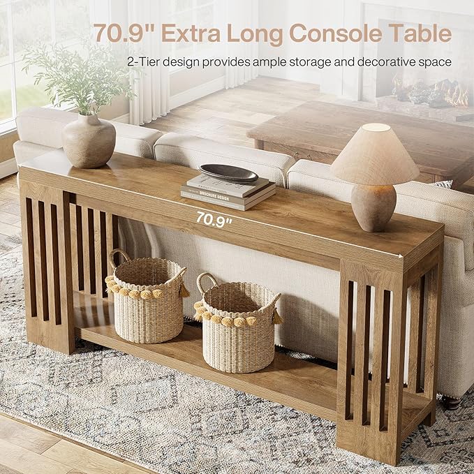 Tribesigns Farmhouse Console Table, 70.9-Inch Sofa Table Behind Couch with Vertical Stripe Legs, 2-Tier Entryway Accent Furniture for Living Room, Hallway, Entrance, Foyer, Light Brown