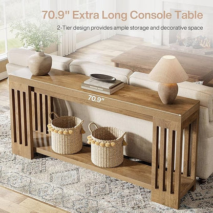 Tribesigns 70.9-Inch Extra Long Entryway Table, Farmhouse Sofa Console Table with Vertical Stripe Legs, 2-Tier Entry Furniture for Living Room, Hallway, Entrance (Light Brown)