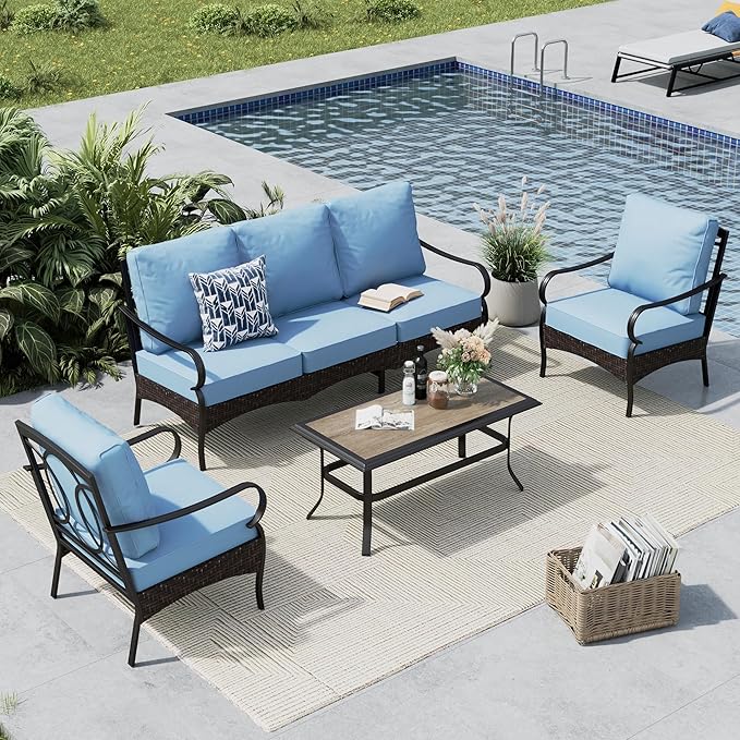 MFSTUDIO 4 Pieces Outdoor Patio Furniture Set, Metal Outdoor Conversation Set, Rattan Wicker Patio Sectional Sofa Set with 2 x Fixed Single Sofa, 3-Seat Sofa, 1 x Coffee Table, Blue