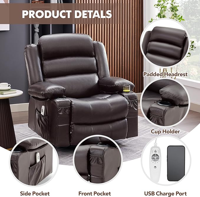 Oversized Recliner Chairs for Adults, 360° Swivel Rocking Recliner with Heat and Massage Lazy Boy Recliner,Recliner Chairs Single Sofa Seat with Cup Holders (Darkbrown, Regular)
