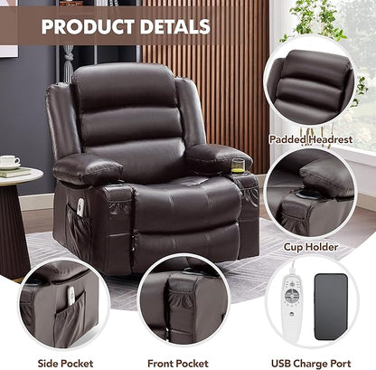 Oversized Recliner Chairs for Adults, 360° Swivel Rocking Recliner with Heat and Massage Lazy Boy Recliner,Recliner Chairs Single Sofa Seat with Cup Holders (Darkbrown, Regular)