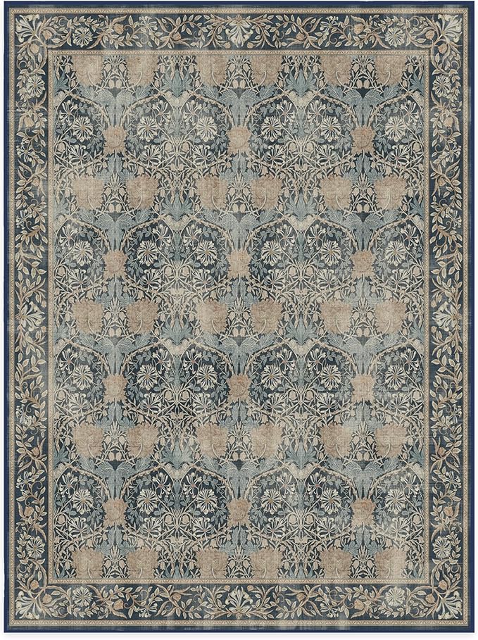 RUGGABLE x Morris & Co Washable Area Rug– Honeysuckle & Tulip Blue 9x12, Stain-Resistant, Non-Slip – Large Machine Washable Rugs for Living Room, Bedroom, Hallway, Entryway & Office–with Standard Pad