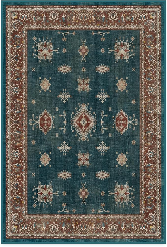 RUGGABLE Washable Vintage Area Rug – Verena Teal Blue 4x6, Stain-Resistant, Non-Slip – Medium Machine Washable Rugs for Living Room, Bedroom, Hallway, Entryway & Office–with Standard Pad