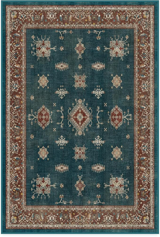 RUGGABLE Washable Vintage Area Rug – Verena Teal Blue 4x6, Stain-Resistant, Non-Slip – Medium Machine Washable Rugs for Living Room, Bedroom, Hallway, Entryway & Office–with Standard Pad