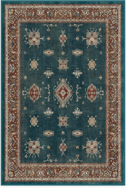 RUGGABLE Washable Vintage Area Rug – Verena Teal Blue 4x6, Stain-Resistant, Non-Slip – Medium Machine Washable Rugs for Living Room, Bedroom, Hallway, Entryway & Office–with Cushioned Pad