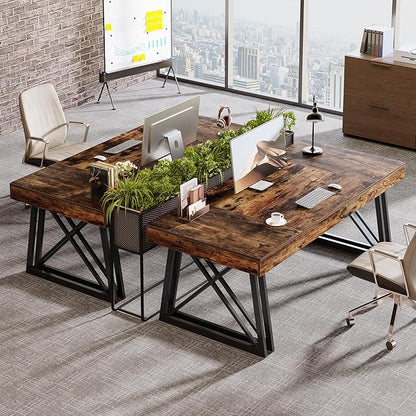 Tribesigns 63-Inch Executive Desk, Farmhouse Office Computer Desk with Sturdy X-Shaped Legs, Large Writing Table Business Furniture Workstation for Home Office, Study (Rustic Brown & Black)