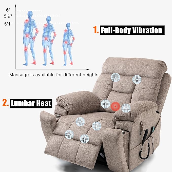 Lift Chair Recliners Lay Flat Sleeping Dual Motor for Elderly Infinite Position Recliner with Heat Massage Up to 400 LBS Electric Power Lift Recliner