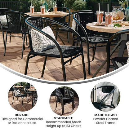 EMMA + OLIVER Set of 2 Modern Rattan Indoor/Outdoor Stack Chairs, Stacking Rattan Patio Chairs with Curved Back and Cross Bracing, Black