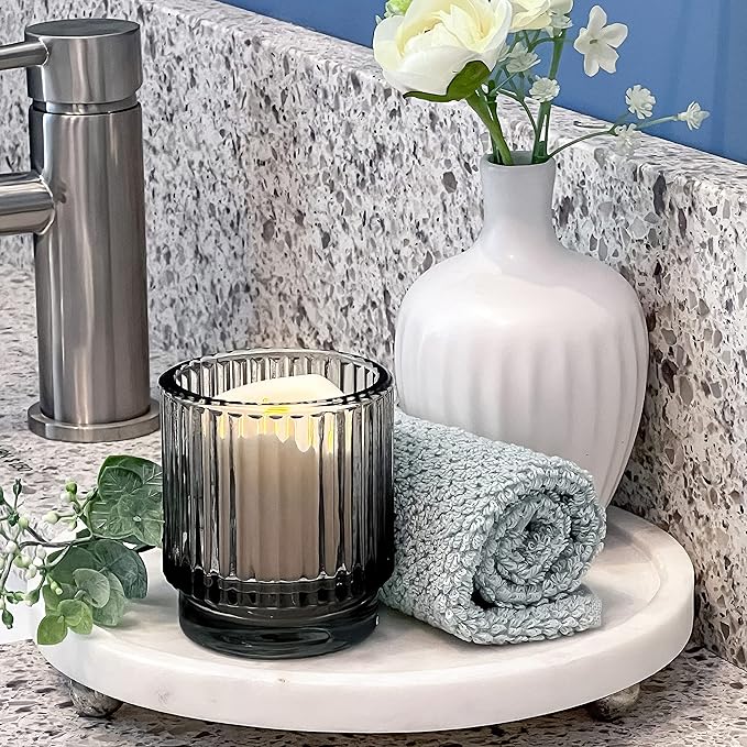 Kate Aspen Ribbed Glass Candle Holder Set - 6 Smoke Gray Tealight Holders for Home, Kitchen, Room or Living Room Decor - Vintage Tea Light Votive Accent for Table or Shelf Styling (Pack of 6)