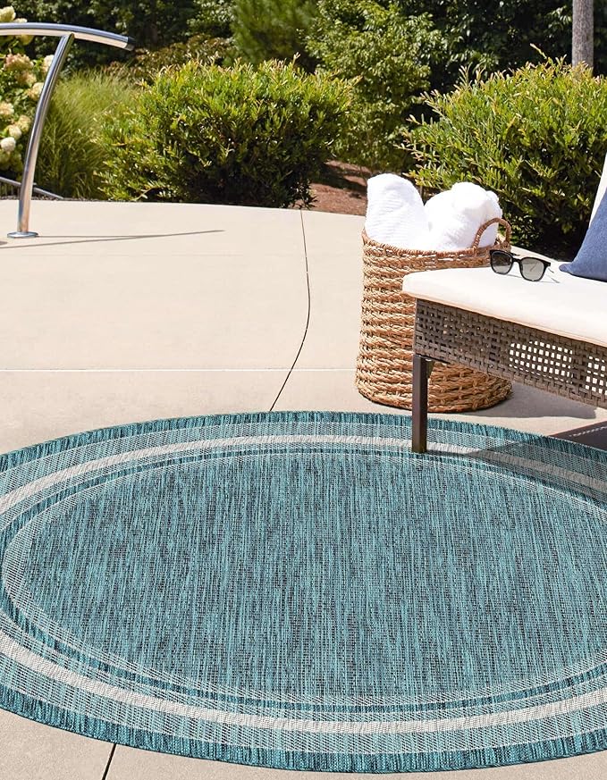 Unique Loom Outdoor Border Collection Area Rug - Soft Border (10' Round Teal/Ivory)